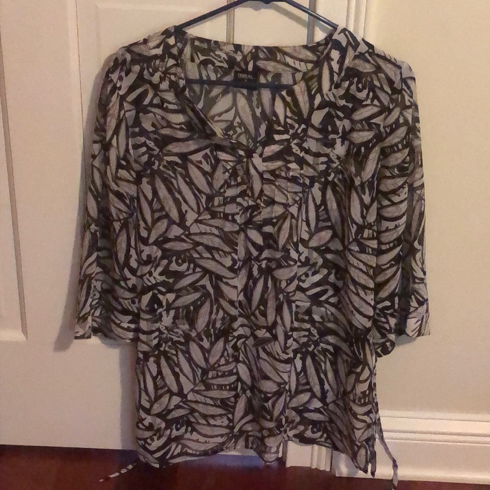 Tribal Black and White Graphic Tie Front Blouse